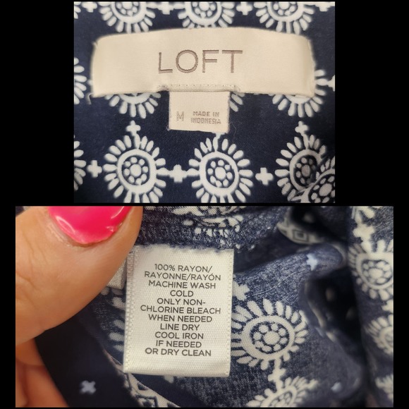 LOFT Shirt Medium Blue White Boho Poet Bell Sleeve Floral Peasant Blouse - Picture 10 of 10